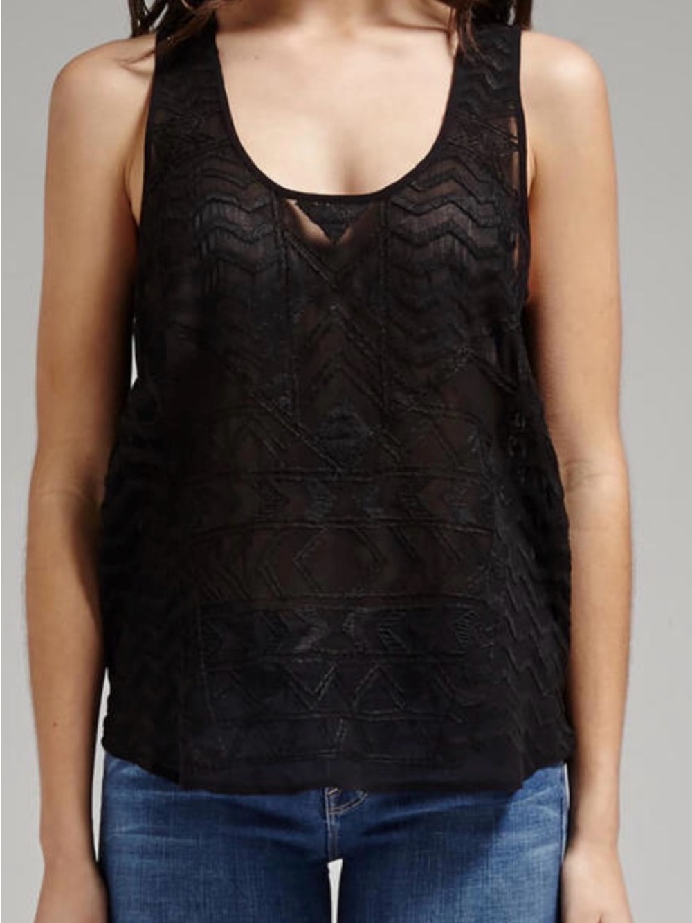 PAIGE Black Lace-Textured Scoop Silk Tank